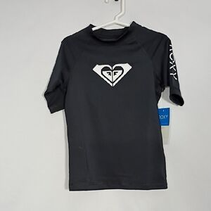 NWT Roxy Girl Swim Rash Guard Black Whole Hearted Short Sleeve Size 6 Swim Shirt